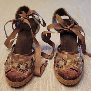 Montego Bay Club Brown and Gold Espadrilles with Ankle Wraps